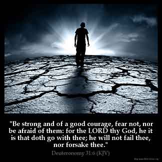 Deuteronomy_31-6: Be strong and of a good courage, fear not, nor be afraid of them: for the LORD thy God, he it is that doth go with thee; he will not fail thee, nor forsake thee.