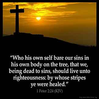 1-Peter_2-24: Who his own self bare our sins in his own body on the tree, that we, being dead to sins, should live unto righteousness: by whose stripes ye were healed